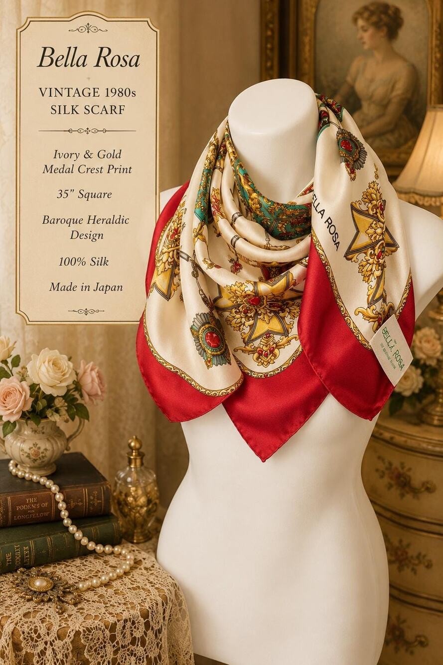 Vintage 1980s Bella Rosa Silk Scarf  Ivory Gold Medal Crest 35” Baroque Heraldic